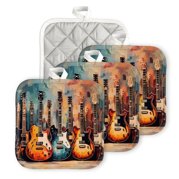 Bahomeck Pot Holder 4Pcs,Different Electric Guitars Each With Unique Body Shape Square Heat Resistant Hot Pads For Kitchen Cooking Oven With Hanging Loop Potholder Easy To Store