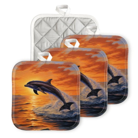 Bahomeck Pot Holder 4Pcs,Dolphin Leaping Out Of The Water At Sunset Square Heat Resistant Hot Pads For Kitchen Cooking Oven With Hanging Loop Potholder Easy To Store