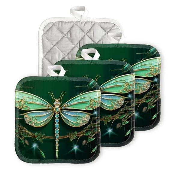 Bahomeck Pot Holder 4Pcs,Dragonfly Made Of Emerald Green Gemstones And Gold Square Heat Resistant Hot Pads For Kitchen Cooking Oven With Hanging Loop Potholder Easy To Store
