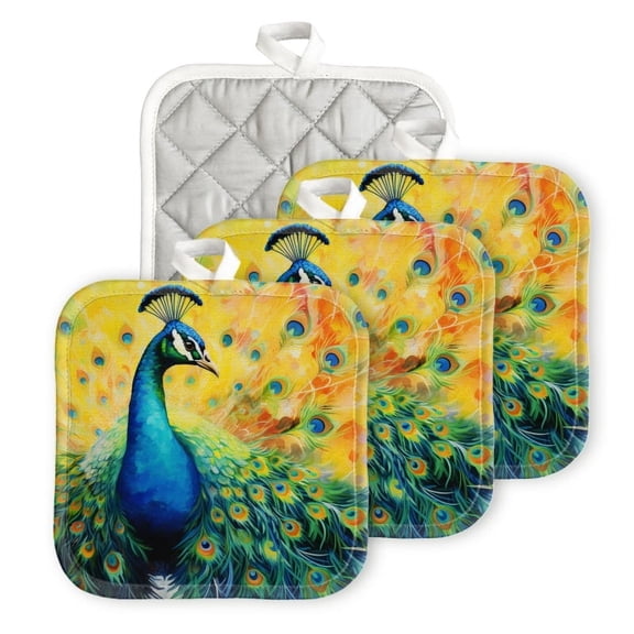 Bahomeck Pot Holder 4Pcs,Elegant Peacock With Feathers Spread Out Square Heat Resistant Hot Pads For Kitchen Cooking Oven With Hanging Loop Potholder Easy To Store