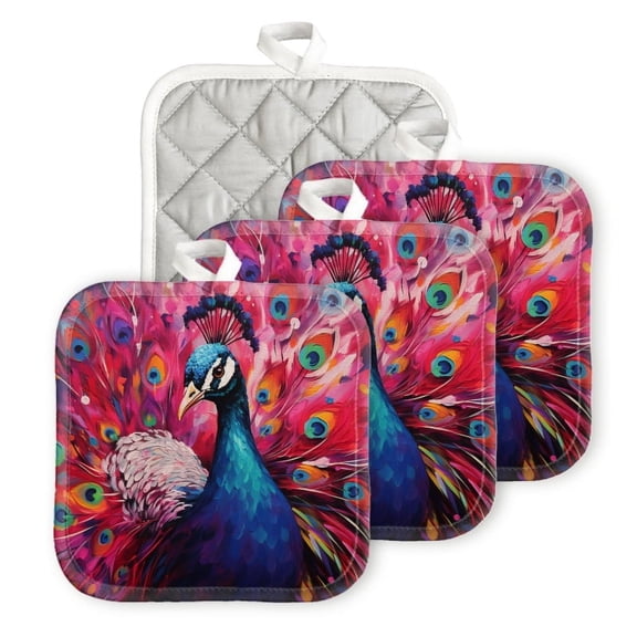 Bahomeck Pot Holder 4Pcs,Elegant Peacock With Feathers Spread Wide Square Heat Resistant Hot Pads For Kitchen Cooking Oven With Hanging Loop Potholder Easy To Store