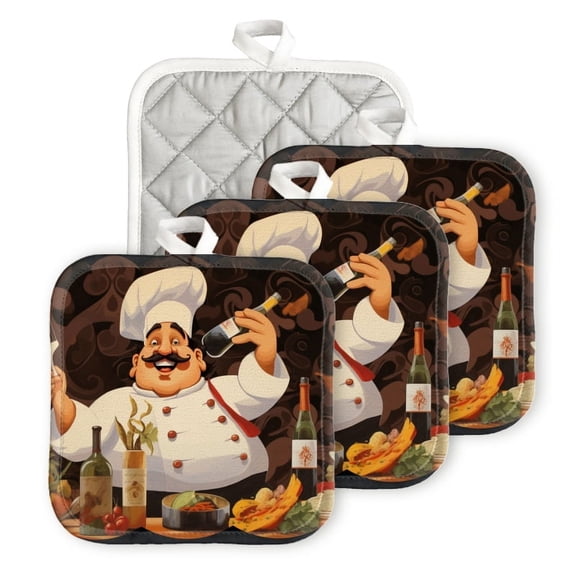 Bahomeck Pot Holder 4Pcs,Fat Happy Chef With Mustache Holding Wine Bottle And Fork In Front Square Heat Resistant Hot Pads For Kitchen Cooking Oven With Hanging Loop Potholder Easy To Store