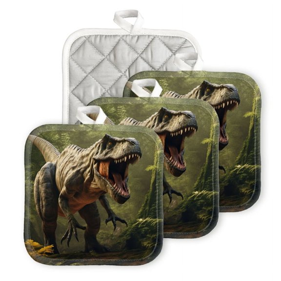 BaHomeck Pot Holders 4pcs dacron Made Square heat-resisting mat Machine Washable for Kitchen Oven Hot Pads 6.7inch*6.7inch,Ferocious Tyrannosaurus Rex Roaring In The Lush Prehistoric Jungle