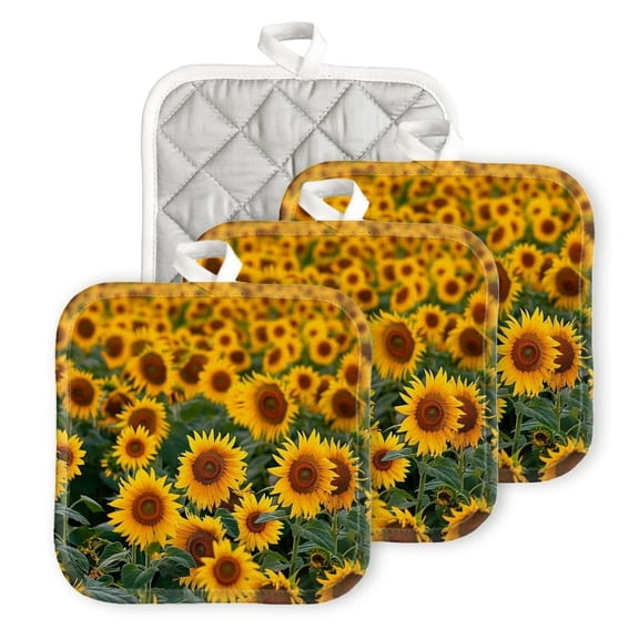 Bahomeck Pot Holder 4Pcs,Field Of Sunflowers In Full Bloom With Vibrant Yellow Petals Square Heat Resistant Hot Pads For Kitchen Cooking Oven With Hanging Loop Potholder Easy To Store