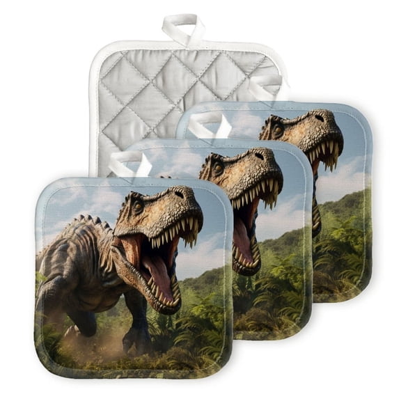 BaHomeck Pot Holders 4pcs dacron Made Square heat-resisting mat Machine Washable for Kitchen Oven Hot Pads 6.7inch*6.7inch,Fierce Tyrannosaurus Rex Roaring In The Lush Jungle