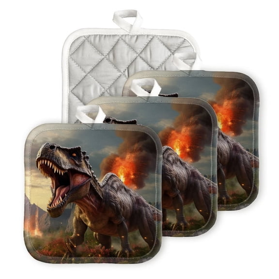 Bahomeck Pot Holder 4Pcs,Fierce Tyrannosaurus Rex Roaring With Mouth Open Square Heat Resistant Hot Pads For Kitchen Cooking Oven With Hanging Loop Potholder Easy To Store