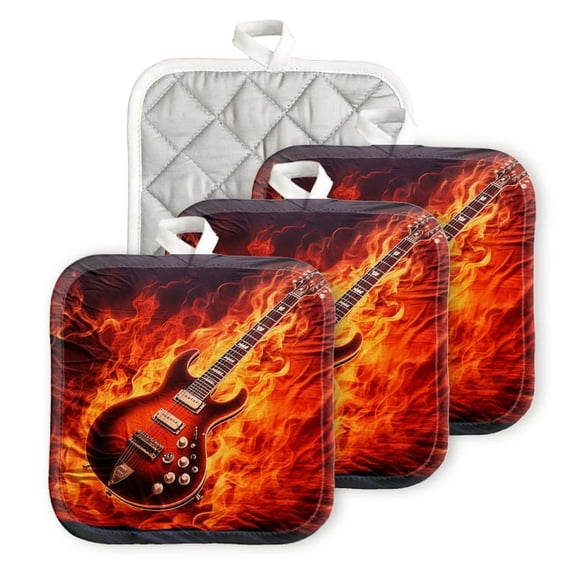 Bahomeck Pot Holder 4Pcs,Flaming Guitar With High-Resolution Square Heat Resistant Hot Pads For Kitchen Cooking Oven With Hanging Loop Potholder Easy To Store