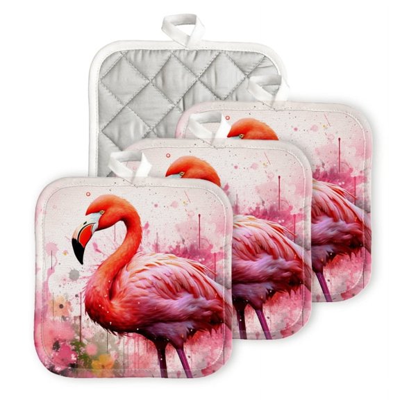 Bahomeck Pot Holder 4Pcs,Flamingo In Watercolor Splashes Square Heat Resistant Hot Pads For Kitchen Cooking Oven With Hanging Loop Potholder Easy To Store