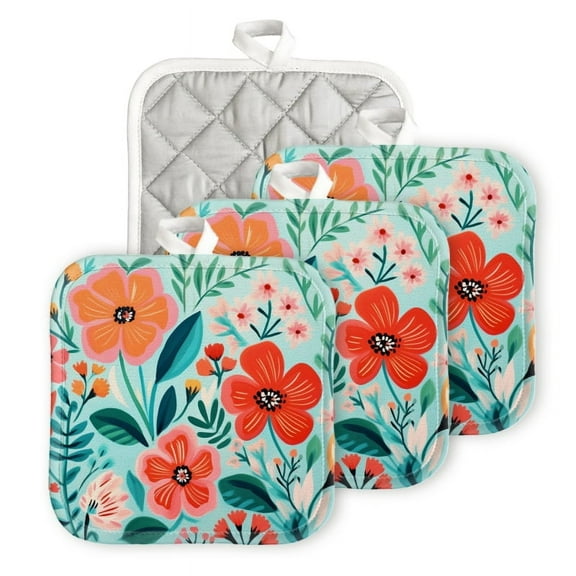 Bahomeck Pot Holder 4Pcs,Flowers And Leaves In Bright Colors Against An Aqua Background Square Heat Resistant Hot Pads For Kitchen Cooking Oven With Hanging Loop Potholder Easy To Store