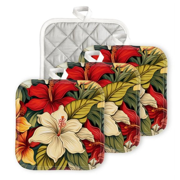 Bahomeck Pot Holder 4Pcs,Flowers In Yellow And White Colors With Green Leaves Square Heat Resistant Hot Pads For Kitchen Cooking Oven With Hanging Loop Potholder Easy To Store