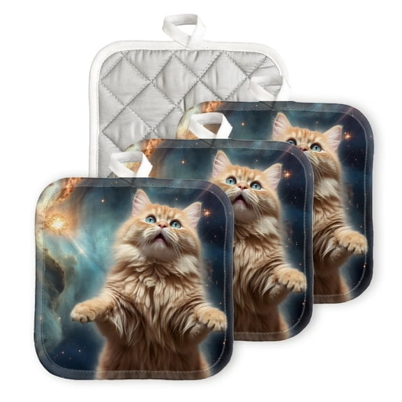 BaHomeck Pot Holders 4pcs dacron Made Square heat-resisting mat Machine Washable for Kitchen Oven Hot Pads 6.7inch*6.7inch,Fluffy Orange Cat With Blue Eyes Floating In Space