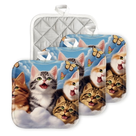 Bahomeck Pot Holder 4Pcs,Group Of Happy Cats With Butterflies Flying Around Square Heat Resistant Hot Pads For Kitchen Cooking Oven With Hanging Loop Potholder Easy To Store