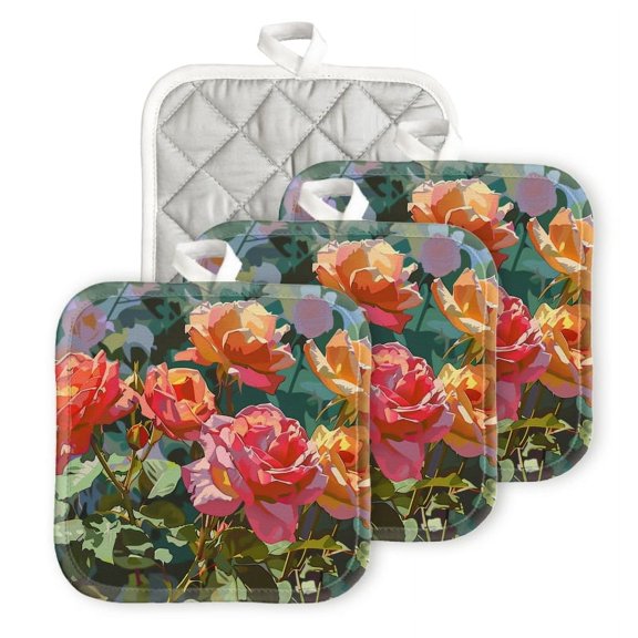 Bahomeck Pot Holder 4Pcs,Group Of Roses In The Garden Square Heat Resistant Hot Pads For Kitchen Cooking Oven With Hanging Loop Potholder Easy To Store