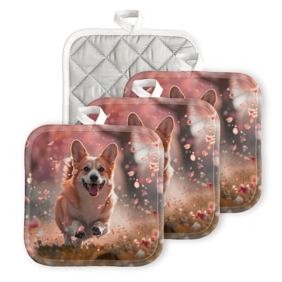 BaHomeck Pot Holders 4pcs dacron Made Square heat-resisting mat Machine Washable for Kitchen Oven Hot Pads 6.7inch*6.7inch,Happy Corgi Dog Running Through Falling Petals In The Air