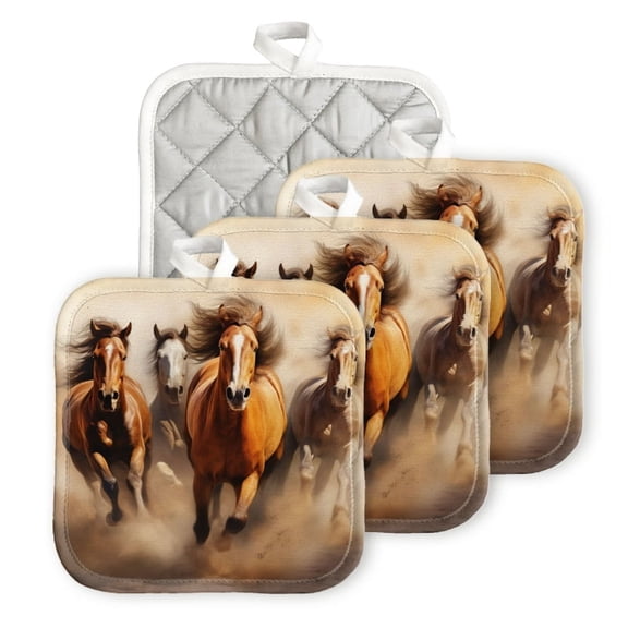 Bahomeck Pot Holder 4Pcs,Horses Running With Dust Flying In The Air Square Heat Resistant Hot Pads For Kitchen Cooking Oven With Hanging Loop Potholder Easy To Store
