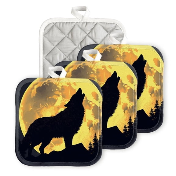 Bahomeck Pot Holder 4Pcs,Howling Wolf Silhouette Against The Backdrop Of Yellow Moon Square Heat Resistant Hot Pads For Kitchen Cooking Oven With Hanging Loop Potholder Easy To Store