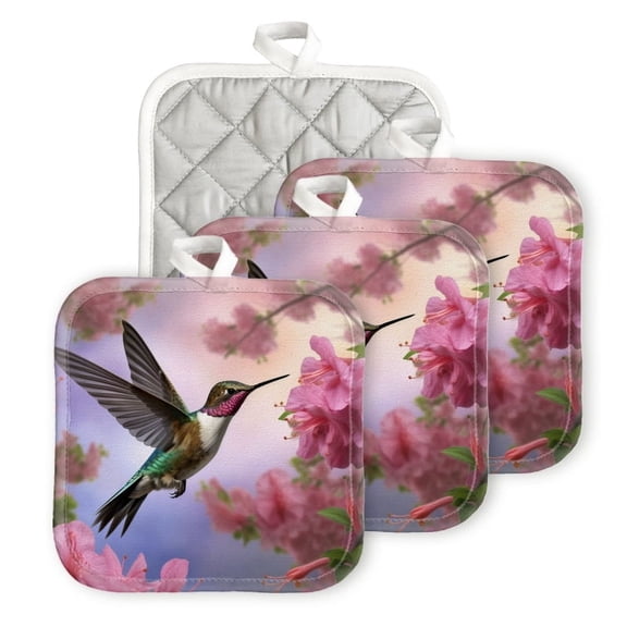 Bahomeck Pot Holder 4Pcs,Hummingbird Hovering Near Pink Azaleas Square Heat Resistant Hot Pads For Kitchen Cooking Oven With Hanging Loop Potholder Easy To Store