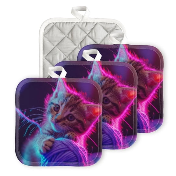 Bahomeck Pot Holder 4Pcs,Kitten Playing With Colorful Yarn Square Heat Resistant Hot Pads For Kitchen Cooking Oven With Hanging Loop Potholder Easy To Store