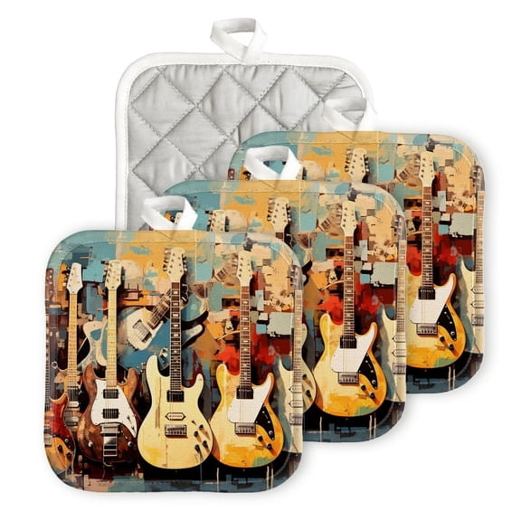 Bahomeck Pot Holder 4Pcs,Large Painting Depicting Various Electric Guitars Square Heat Resistant Hot Pads For Kitchen Cooking Oven With Hanging Loop Potholder Easy To Store