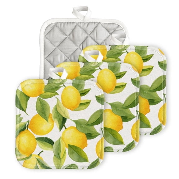 Bahomeck Pot Holder 4Pcs,Lemon-Themed Watercolor Pattern On White Background Square Heat Resistant Hot Pads For Kitchen Cooking Oven With Hanging Loop Potholder Easy To Store
