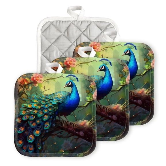 Bahomeck Pot Holder 4Pcs,Majestic Peacock With Vibrant Blue And Green Plumage Square Heat Resistant Hot Pads For Kitchen Cooking Oven With Hanging Loop Potholder Easy To Store