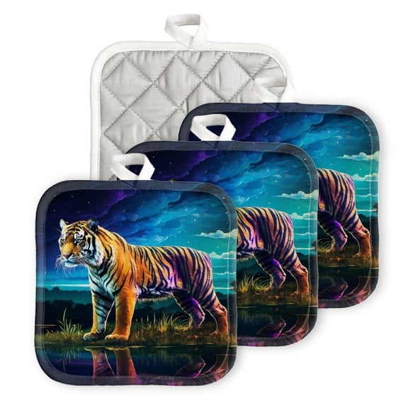 Bahomeck Pot Holder 4Pcs,Majestic Tiger Standing By The River And Colorful Stripes On Fur Square Heat Resistant Hot Pads For Kitchen Cooking Oven With Hanging Loop Potholder Easy To Store
