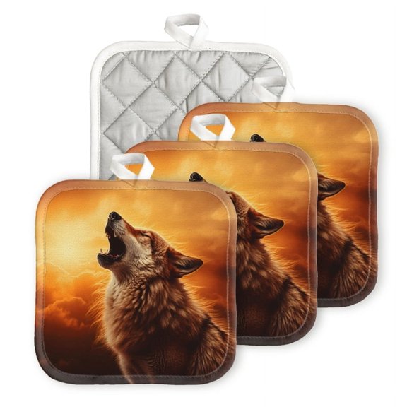 Bahomeck Pot Holder 4Pcs,Majestic Wolf Growled At The Sky Square Heat Resistant Hot Pads For Kitchen Cooking Oven With Hanging Loop Potholder Easy To Store