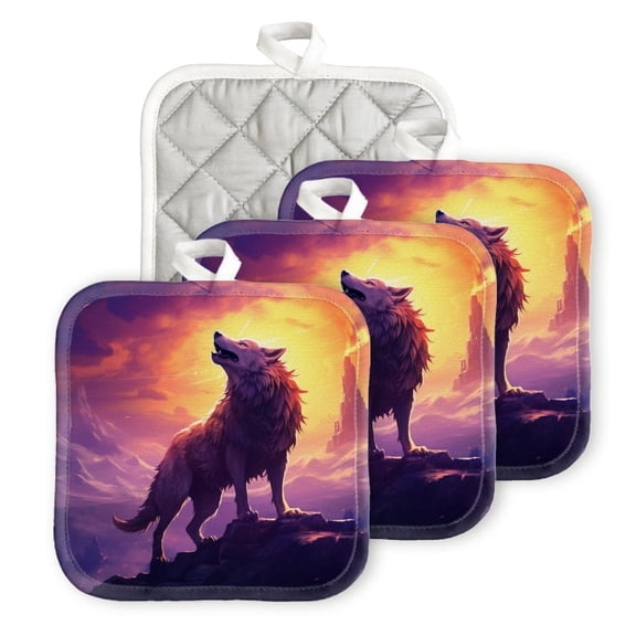 Bahomeck Pot Holder 4Pcs,Majestic Wolf Howling On Top Of Mountain At Sunset Square Heat Resistant Hot Pads For Kitchen Cooking Oven With Hanging Loop Potholder Easy To Store