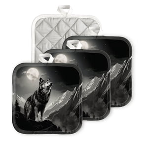 Bahomeck Pot Holder 4Pcs,Majestic Wolf Standing On The Edge Of Alpine Mountain Range Square Heat Resistant Hot Pads For Kitchen Cooking Oven With Hanging Loop Potholder Easy To Store