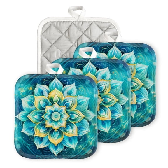 Bahomeck Pot Holder 4Pcs,Mandala Of The Element Air With Blue And Turquoise Colors Square Heat Resistant Hot Pads For Kitchen Cooking Oven With Hanging Loop Potholder Easy To Store