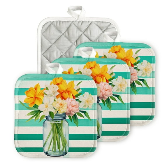 Bahomeck Pot Holder 4Pcs,Mason Jar Filled With Spring Flowers Square Heat Resistant Hot Pads For Kitchen Cooking Oven With Hanging Loop Potholder Easy To Store