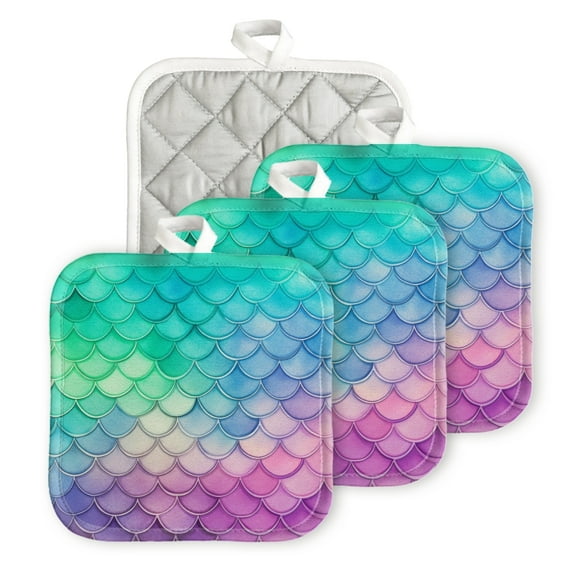 BaHomeck Pot Holders 4pcs dacron Made Square heat-resisting mat Machine Washable for Kitchen Oven Hot Pads 6.7inch*6.7inch,Mermaid Scales Pattern With Rainbow Pastel Colors And Watercolor Style