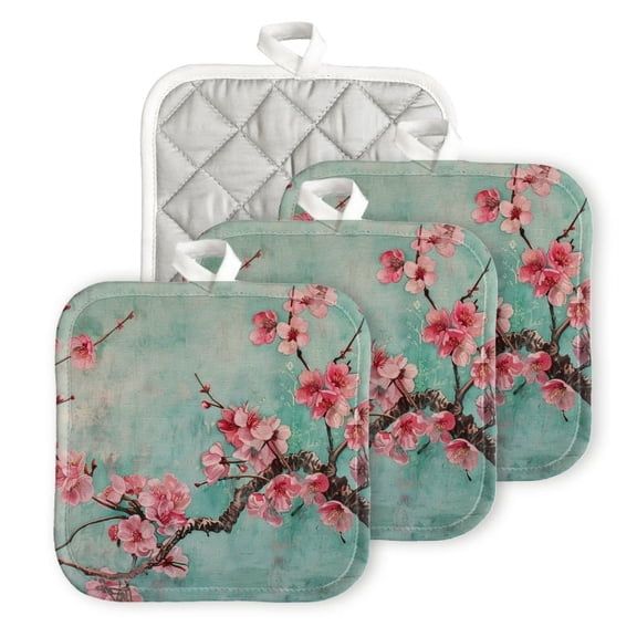 BaHomeck Pot Holders 4pcs dacron Made Square heat-resisting mat Machine Washable for Kitchen Oven Hot Pads 6.7inch*6.7inch,Mint Green Background With Pink Peach Blossoms