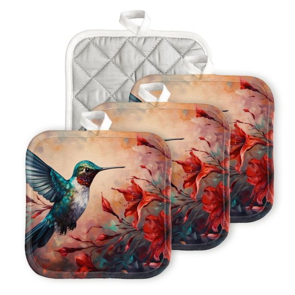 Bahomeck Pot Holder 4Pcs,Oil Painting Of Hummingbird In Flight With Red Flowers Square Heat Resistant Hot Pads For Kitchen Cooking Oven With Hanging Loop Potholder Easy To Store