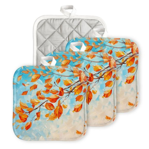 Bahomeck Pot Holder 4Pcs,Oil Painting Of Orange Leaves Falling From Tree Branches Square Heat Resistant Hot Pads For Kitchen Cooking Oven With Hanging Loop Potholder Easy To Store