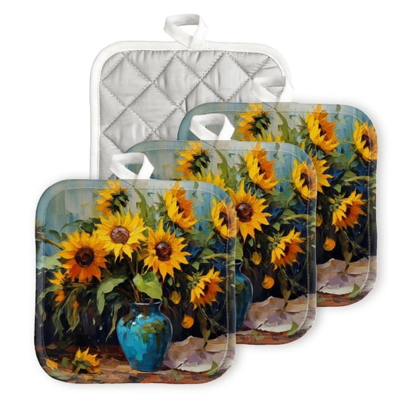 Bahomeck Pot Holder 4Pcs,Oil Painting Of Sunflowers In Blue Vase Square Heat Resistant Hot Pads For Kitchen Cooking Oven With Hanging Loop Potholder Easy To Store