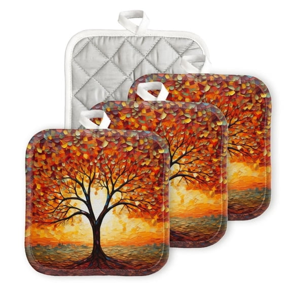Bahomeck Pot Holder 4Pcs,Oil Painting Of Tree With Leaves In The Shape Of Sunset Square Heat Resistant Hot Pads For Kitchen Cooking Oven With Hanging Loop Potholder Easy To Store
