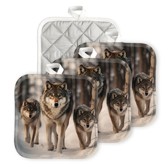 Bahomeck Pot Holder 4Pcs,Oil Painting Of Wolf With Grey And Black Fur Square Heat Resistant Hot Pads For Kitchen Cooking Oven With Hanging Loop Potholder Easy To Store