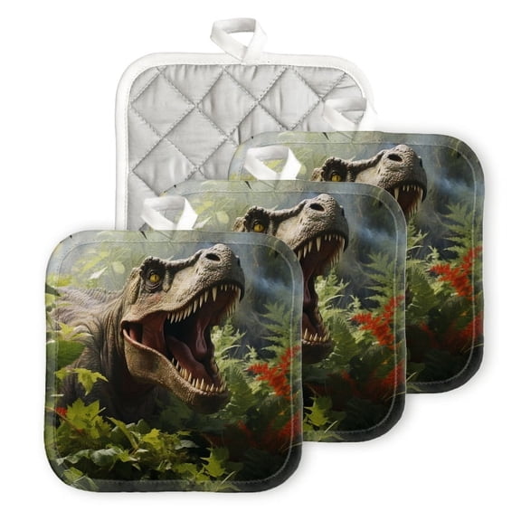 Bahomeck Pot Holder 4Pcs,Open-Mouthed T-Rex In The Jungle Square Heat Resistant Hot Pads For Kitchen Cooking Oven With Hanging Loop Potholder Easy To Store
