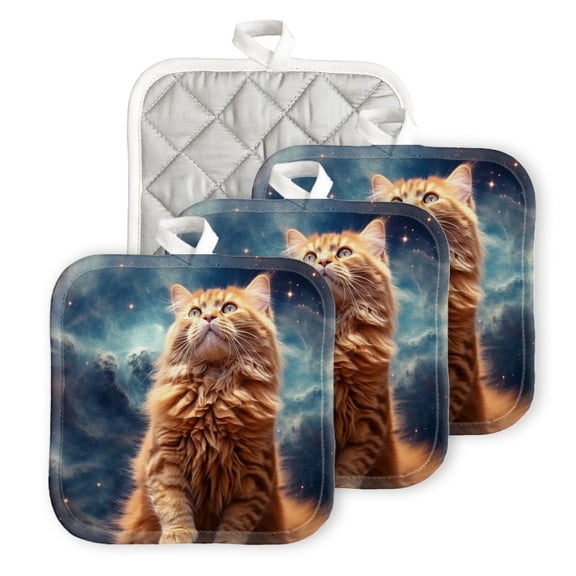 BaHomeck Pot Holders 4pcs dacron Made Square heat-resisting mat Machine Washable for Kitchen Oven Hot Pads 6.7inch*6.7inch,Orange Cat With Long Fur Standing Upright And Looking Up
