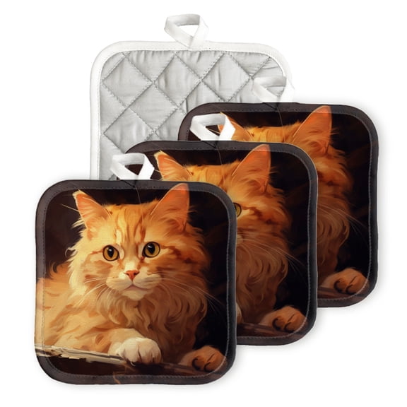 BaHomeck Pot Holders 4pcs dacron Made Square heat-resisting mat Machine Washable for Kitchen Oven Hot Pads 6.7inch*6.7inch,Orange Cat With White Yellow Eyes And Long Fur