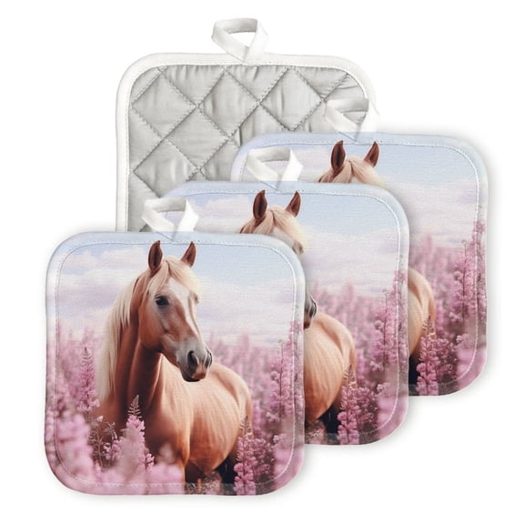 BaHomeck Pot Holders 4pcs dacron Made Square heat-resisting mat Machine Washable for Kitchen Oven Hot Pads 6.7inch*6.7inch,Palomino Horse In Pink Field Of Flowers