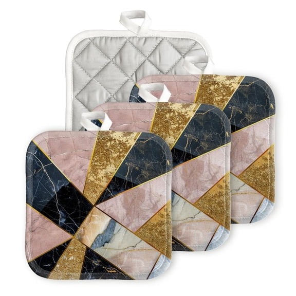 Bahomeck Pot Holder 4Pcs,Pattern Of Geometric Shapes In Black And Gold Marble Square Heat Resistant Hot Pads For Kitchen Cooking Oven With Hanging Loop Potholder Easy To Store