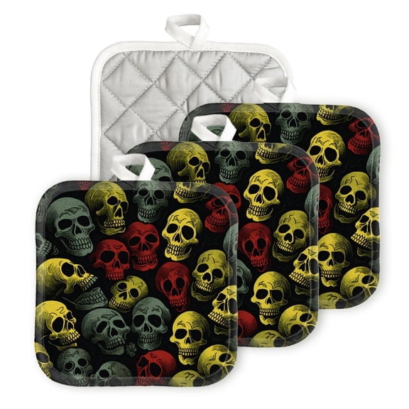 Bahomeck Pot Holder 4Pcs,Pattern Of Skulls In The Style Of Comic Book Art Square Heat Resistant Hot Pads For Kitchen Cooking Oven With Hanging Loop Potholder Easy To Store