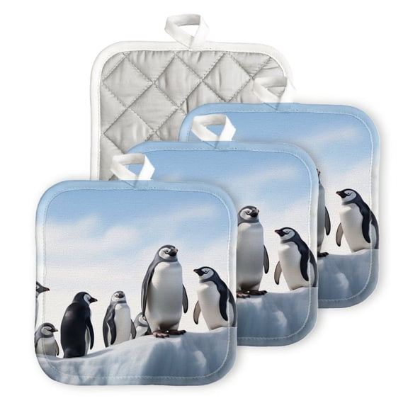 Bahomeck Pot Holder 4Pcs,Penguins On The Ice In The Style Of Pixar Square Heat Resistant Hot Pads For Kitchen Cooking Oven With Hanging Loop Potholder Easy To Store