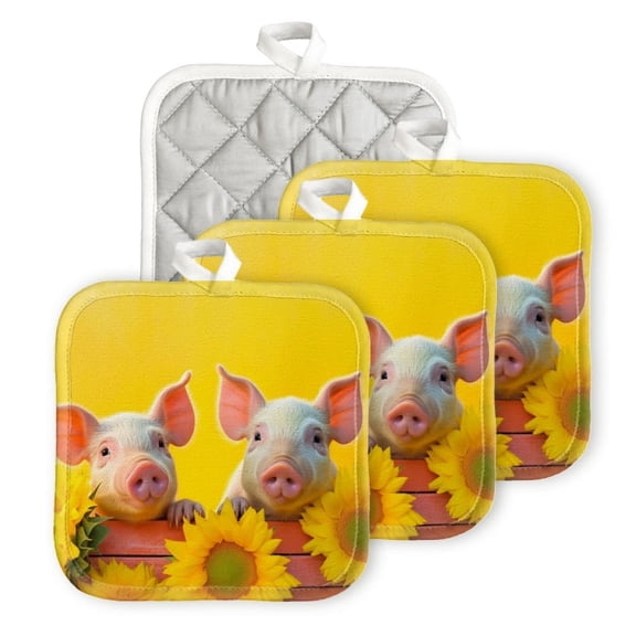 Bahomeck Pot Holder 4Pcs,Piglets Sitting On Sunflowers With Yellow Background Square Heat Resistant Hot Pads For Kitchen Cooking Oven With Hanging Loop Potholder Easy To Store