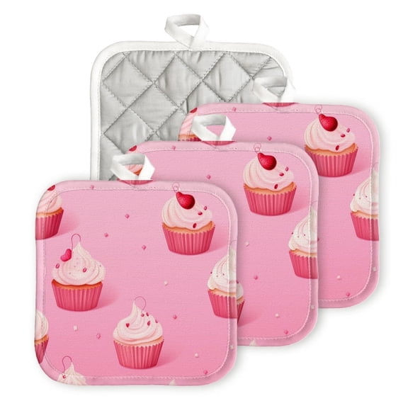 BaHomeck Pot Holders 4pcs dacron Made Square heat-resisting mat Machine Washable for Kitchen Oven Hot Pads 6.7inch*6.7inch,Pink Cupcakes Inpink Background