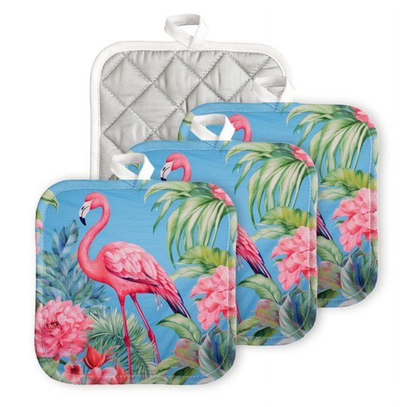 Bahomeck Pot Holder 4Pcs,Pink Flamingo In The Middle Of Lush Foliage Square Heat Resistant Hot Pads For Kitchen Cooking Oven With Hanging Loop Potholder Easy To Store