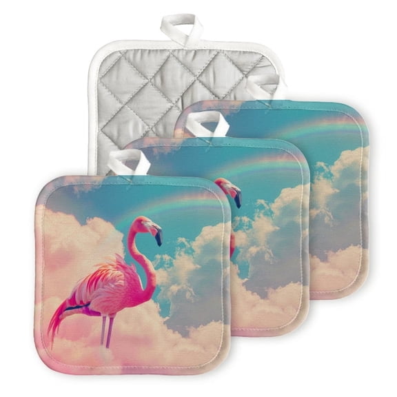 Bahomeck Pot Holder 4Pcs,Pink Flamingo Standing On Clouds With Rainbow In The Sky Square Heat Resistant Hot Pads For Kitchen Cooking Oven With Hanging Loop Potholder Easy To Store