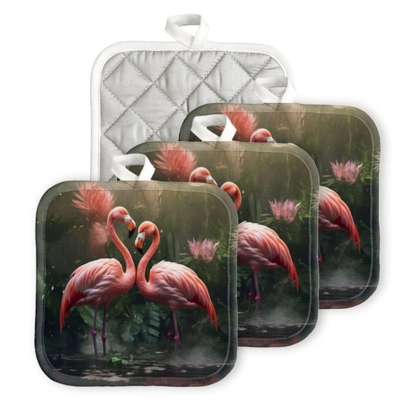 Bahomeck Pot Holder 4Pcs,Pink Flamingos Standing In The Water With Jungle Background Square Heat Resistant Hot Pads For Kitchen Cooking Oven With Hanging Loop Potholder Easy To Store